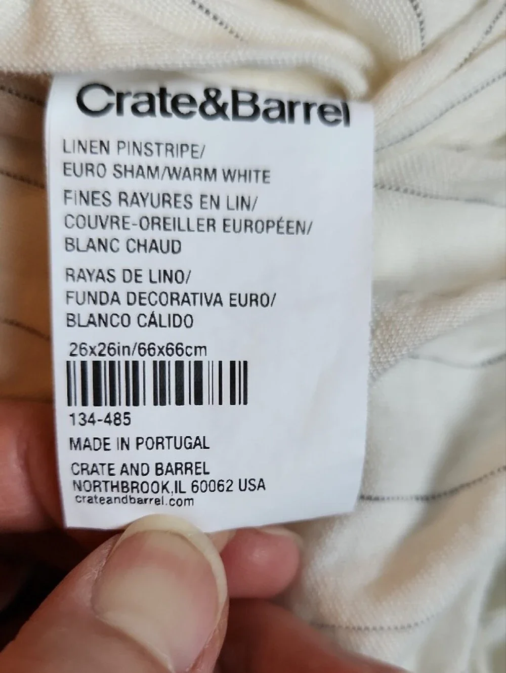 Crate&Barrel Cream Linen Euro Sham Pillowcase with Grey Pinstripes